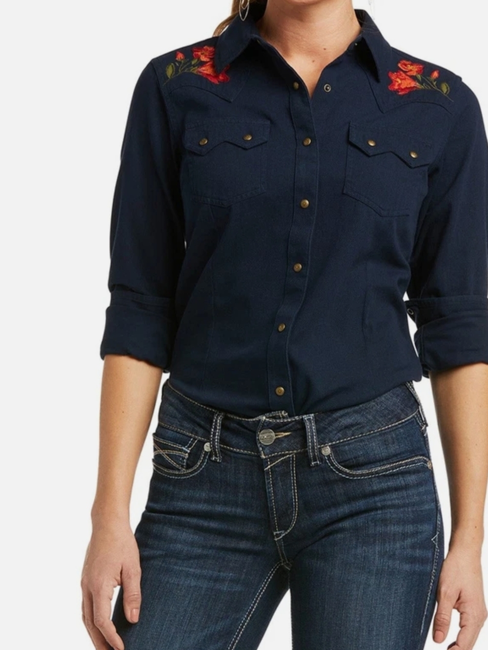 Ariat Navy Button-Down Shirt with Red Floral Embroidery